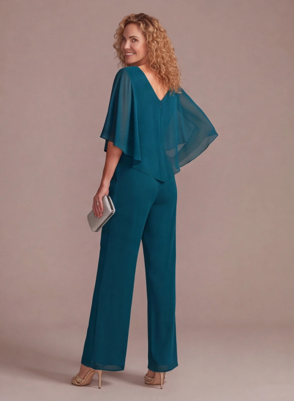 Back view of elegant teal chiffon cape pantsuit for wedding occasions