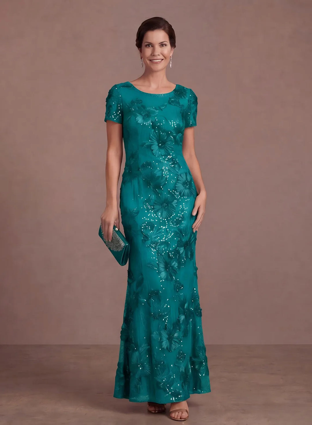Teal floral sequin gown with short sleeves, designed for elegant formal occasions