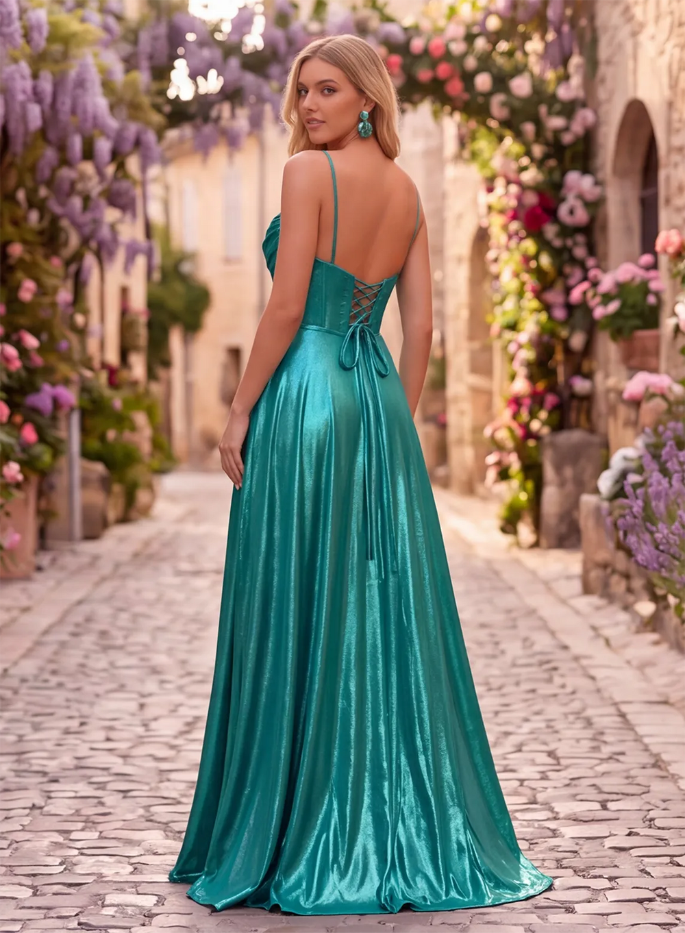 Teal metallic satin prom dress with strappy lace-up back