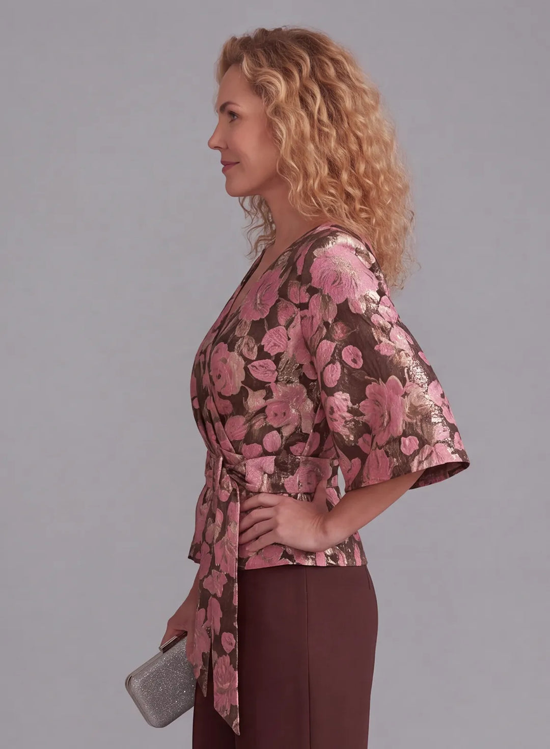 Elegant Two Piece Pantsuit with Waist Tie Detail and Floral Jacquard Blouse