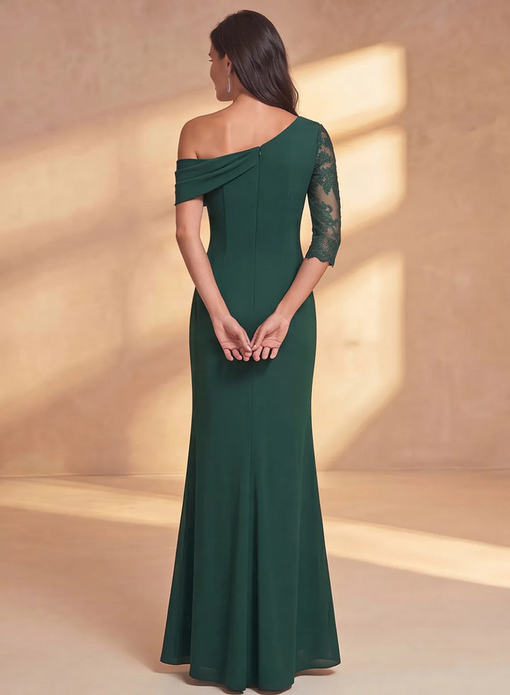 Back view of emerald green mother of the bride dress with sheer lace sleeve and elegant design