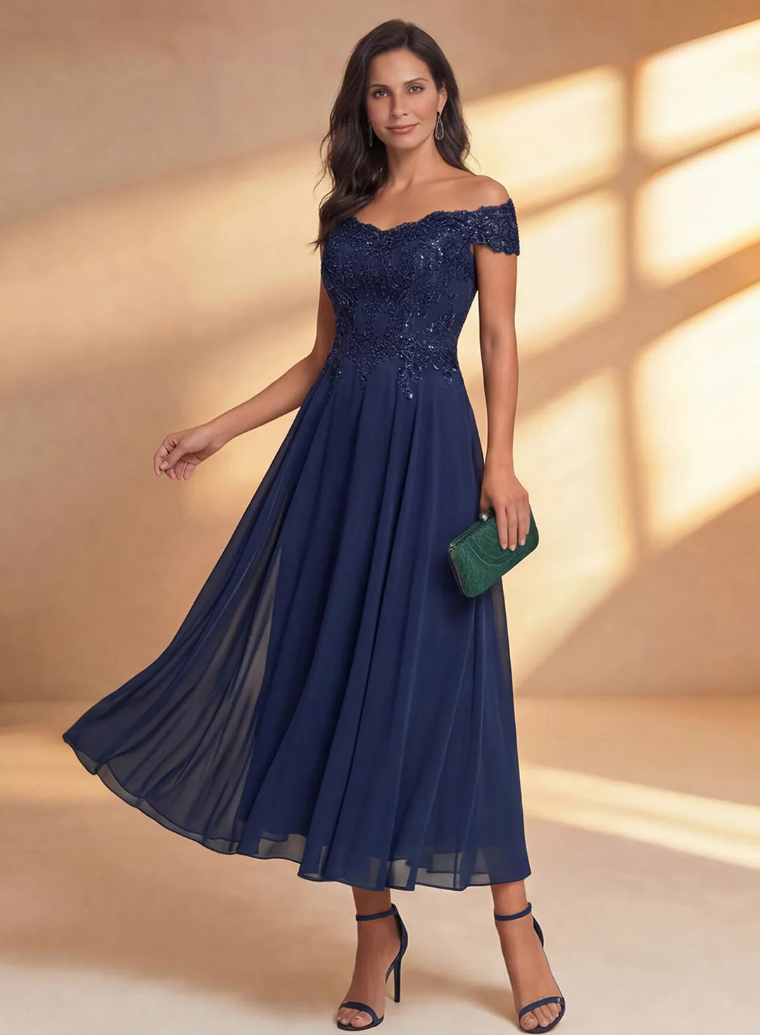 Navy Off-the-Shoulder Lace Chiffon Midi Dress for Wedding Guests & Formal Events Navy / US 2