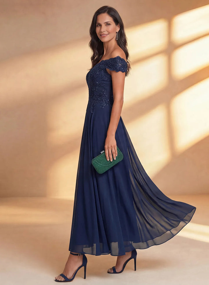 Elegant navy off shoulder midi dress for weddings, cocktail parties and formal events