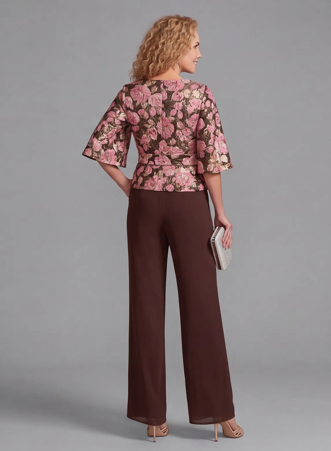 Back View of Elegant Floral Jacquard Wedding Guest Pantsuit with Wide Leg Chiffon Pants