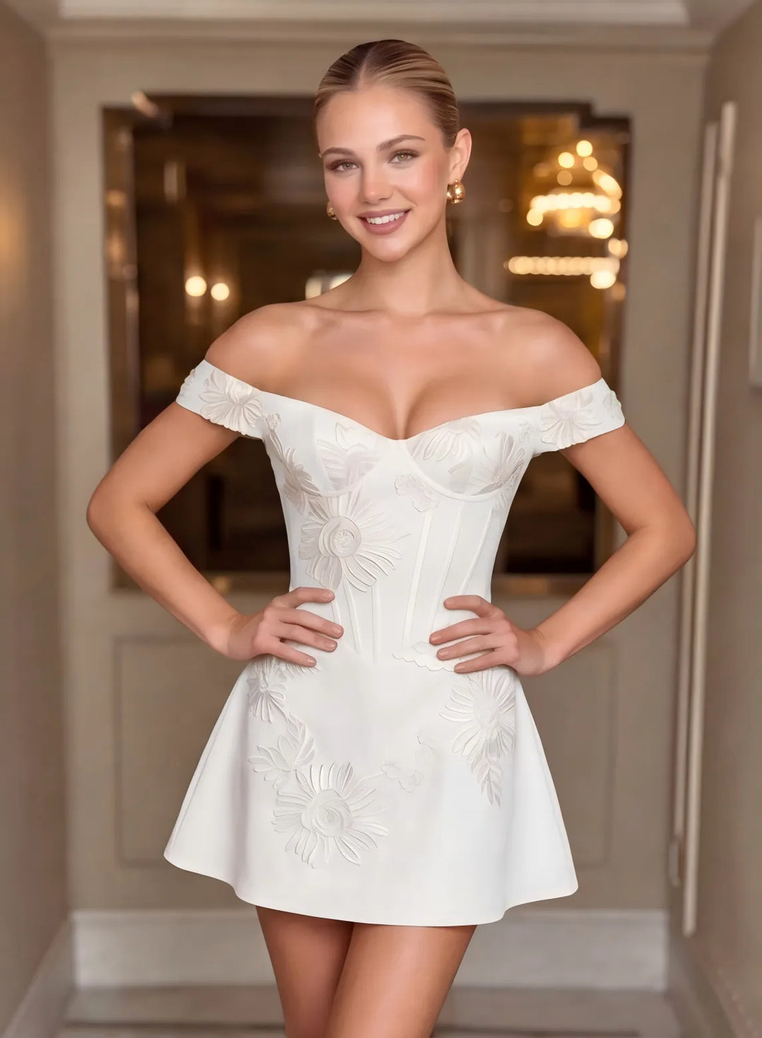 White off shoulder homecoming dress with an elegant sweetheart neckline