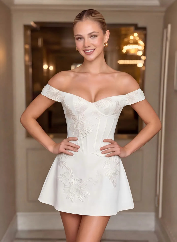White off shoulder homecoming dress with an elegant sweetheart neckline