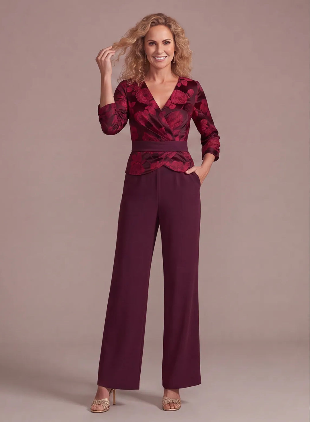 Elegant wine red two piece pantsuit outfit for wedding guest and mother of the bride