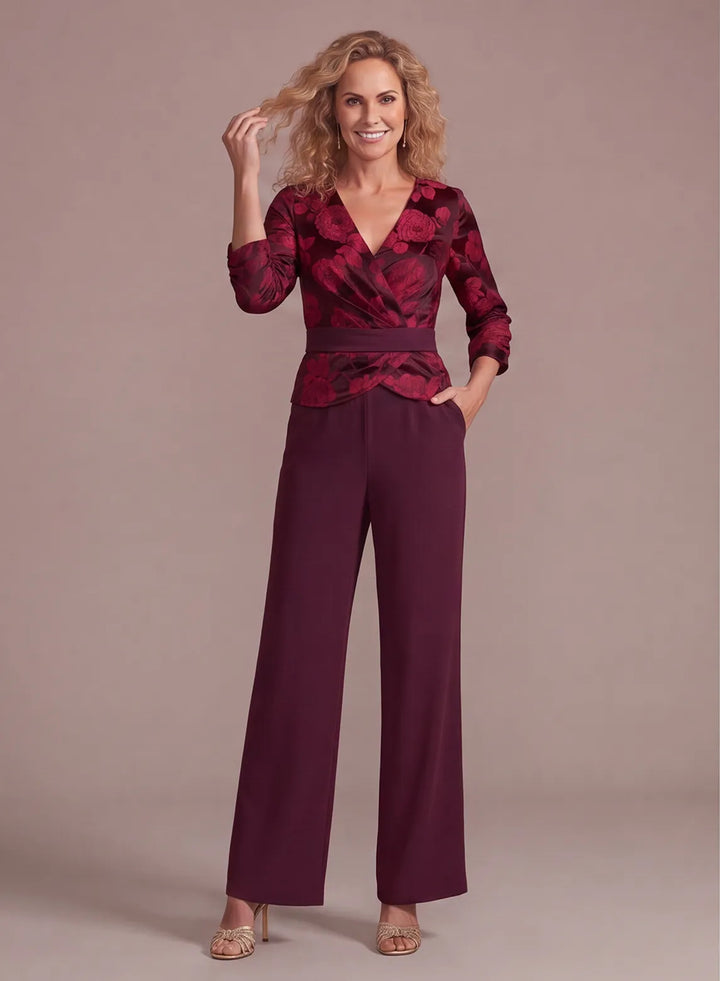 Elegant wine red two piece pantsuit outfit for wedding guest and mother of the bride